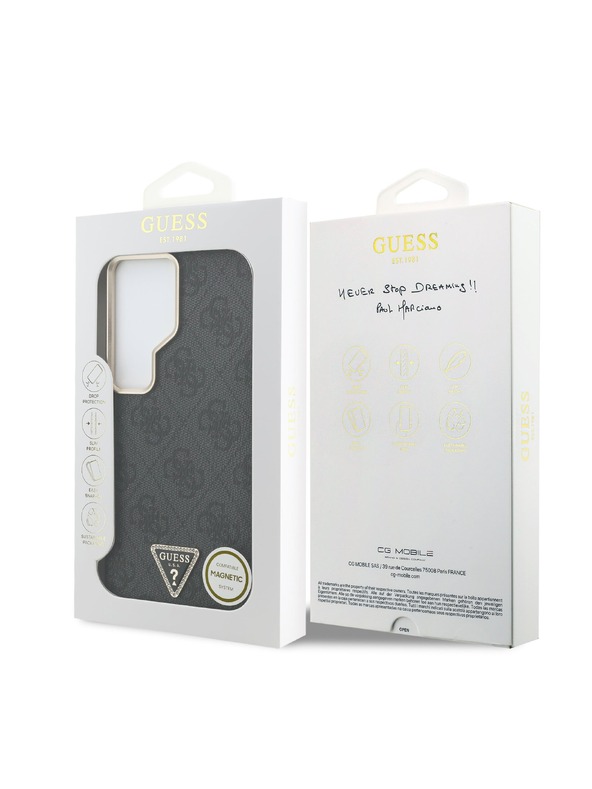 Guess Guess PU Leather 4G Strass Triangle Logo Gold Frame Magnetický Zadný Kryt pre Samsung Galaxy S26 Ultra Black