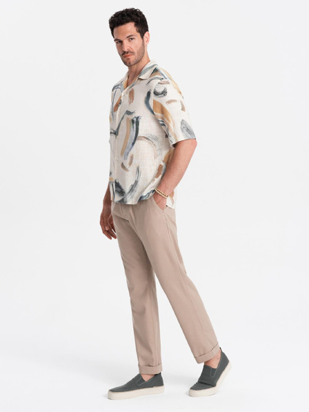 Ombre Clothing Pánske chino nohavice s ohrnutými nohavicami a prímesou ľanu – béžové V3 P1522 Ombre Clothing
