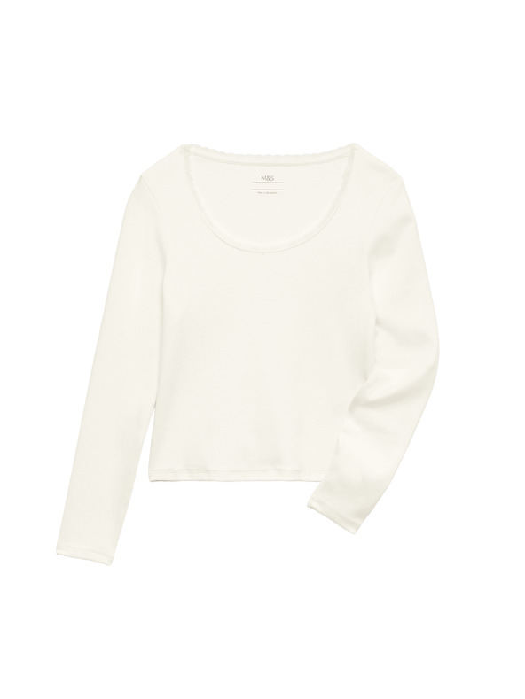 Marks & Spencer Top s čipkovým lemom a vysokým podielom bavlny (6–16 rokov) Marks & Spencer krémová