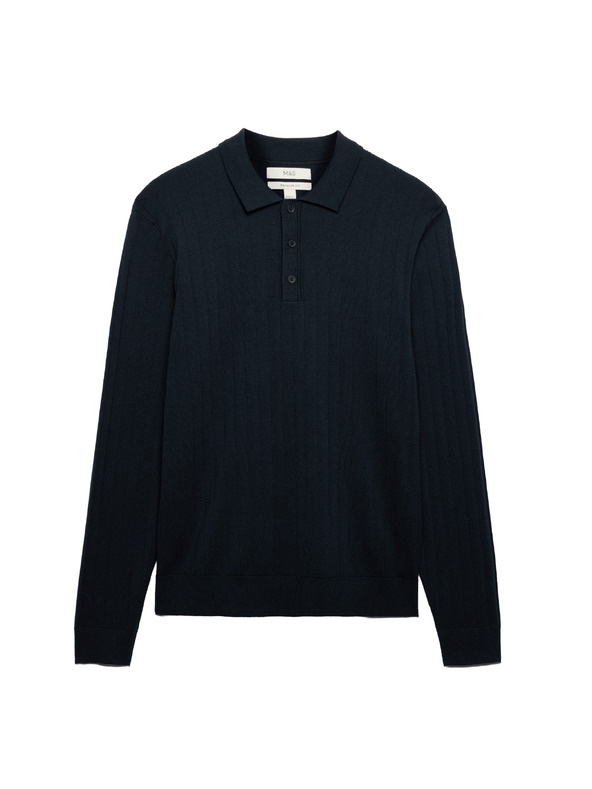 Marks & Spencer Pánske rebrované polo tričko z bavlnenej zmesi Marks & Spencer námornícka modrá