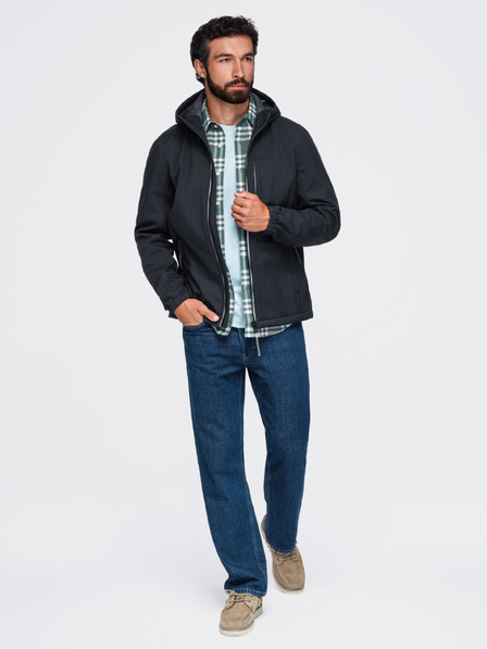 Ombre Clothing Pánska bunda SOFTSHELL s fleecovou podšívkou a kapucňou – čierna V2 OM-JANP-0292 Ombre Clothing