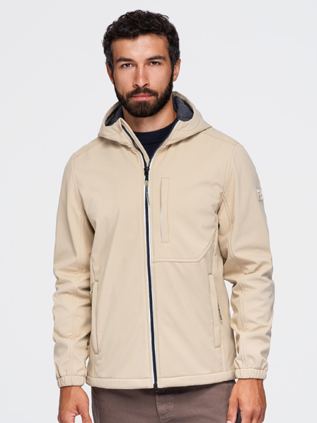 Ombre Clothing Pánska bunda SOFTSHELL s fleecovou podšívkou a kapucňou – piesková V4 OM-JANP-0292 Ombre Clothing