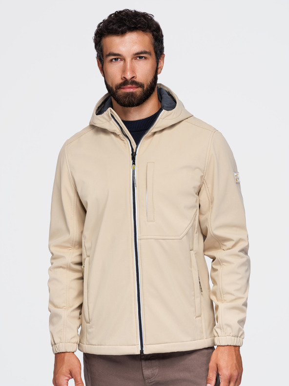 Ombre Clothing Pánska bunda SOFTSHELL s fleecovou podšívkou a kapucňou – piesková V4 OM-JANP-0292 Ombre Clothing