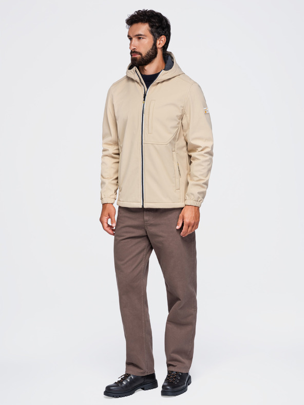 Ombre Clothing Pánska bunda SOFTSHELL s fleecovou podšívkou a kapucňou – piesková V4 OM-JANP-0292 Ombre Clothing