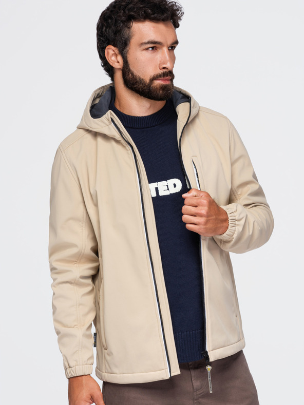 Ombre Clothing Pánska bunda SOFTSHELL s fleecovou podšívkou a kapucňou – piesková V4 OM-JANP-0292 Ombre Clothing
