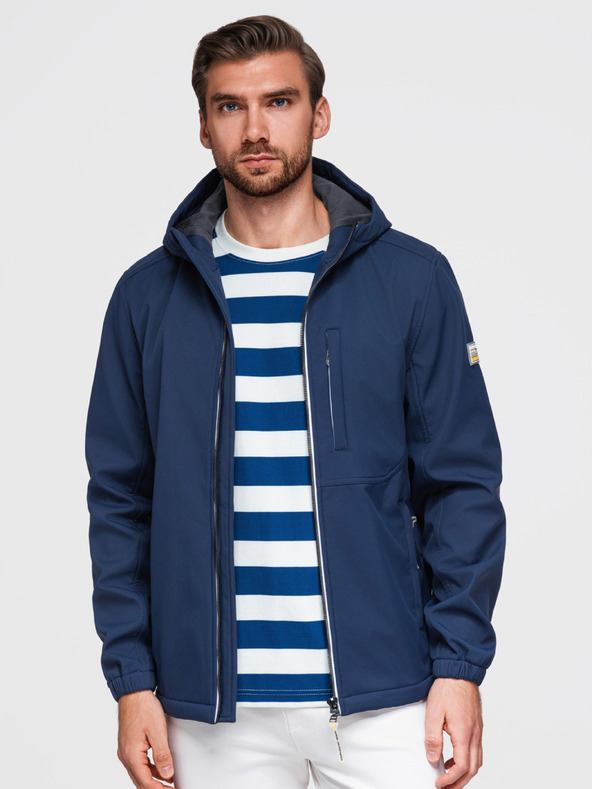 Ombre Clothing Pánska bunda SOFTSHELL s fleecovou podšívkou a kapucňou – tmavě modrá V5 OM-JANP-0292 Ombre Clothing