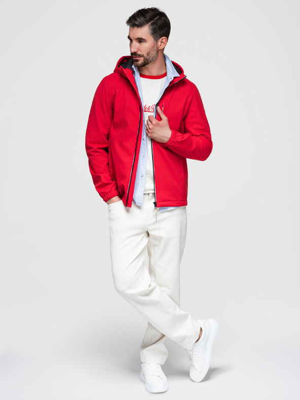 Ombre Clothing Pánska bunda SOFTSHELL s fleecovou podšívkou a kapucňou – červená V6 OM-JANP-0292 Ombre Clothing