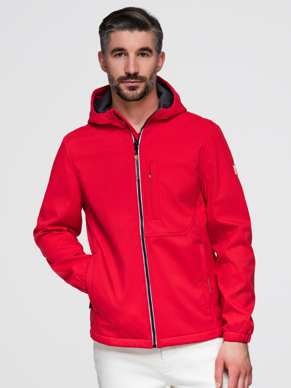 Ombre Clothing Pánska bunda SOFTSHELL s fleecovou podšívkou a kapucňou – červená V6 OM-JANP-0292 Ombre Clothing