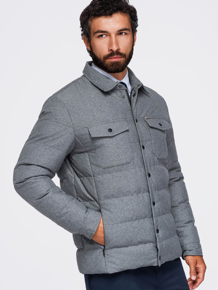 Ombre Clothing Prešívaná pánska košeľová bunda s vreckami – sivý melír V2 OM-JALP-0256 Ombre Clothing