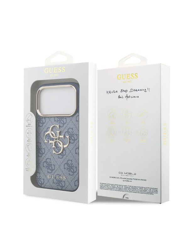 Guess Guess PU Leather 4G Metal Logo Gold Frame Zadný Kryt pre iPhone 18 Pro Blue