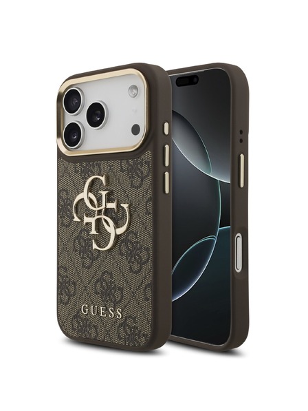 Guess Guess PU Leather 4G Metal Logo Gold Frame Zadný Kryt pre iPhone 18 Pro Brown