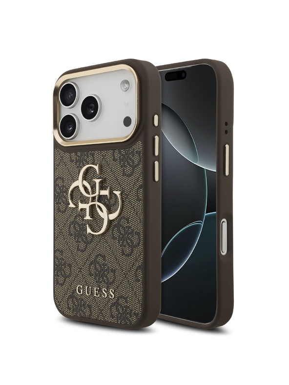 Guess Guess PU Leather 4G Metal Logo Gold Frame Zadný Kryt pre iPhone 18 Pro Brown