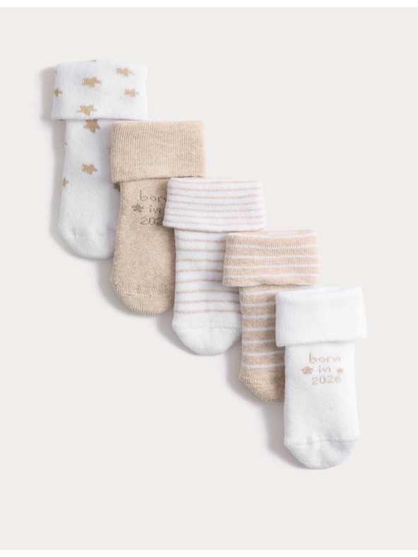 Marks & Spencer Froté ponožky s "Born in 2026" a vysokým podielom bavlny (0–12 mesiacov), 5 párov Marks & Spencer biela