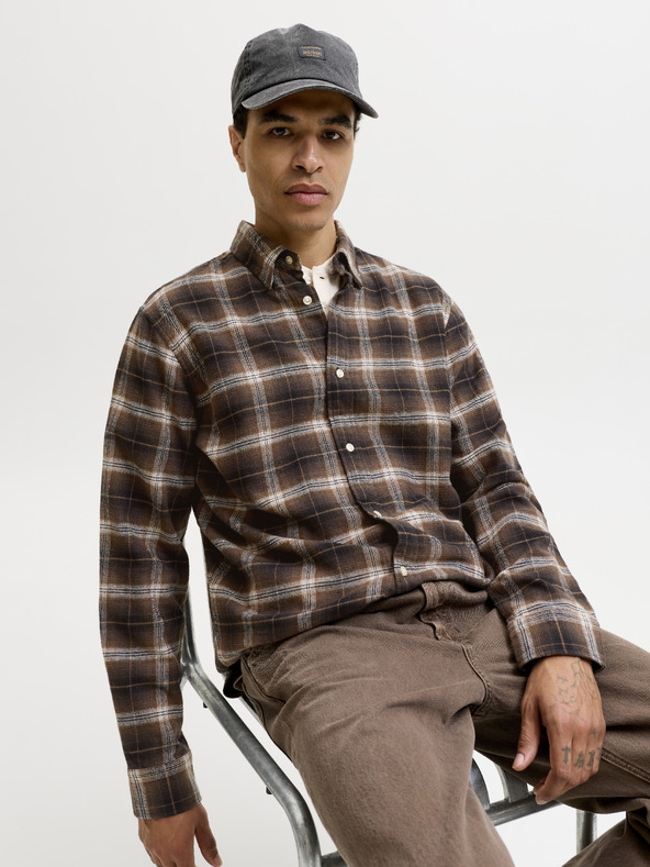 Jack & Jones Flanelová kockovaná pánska košeľa hnedá