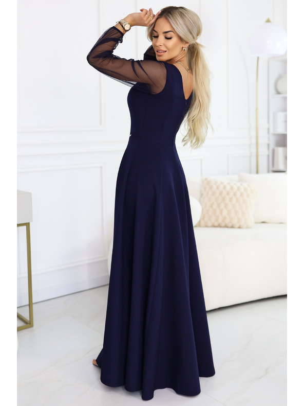 numoco LORETTA jedinečné dlhé šaty s tylovou sukňou a výstrihom - tmavo modrá